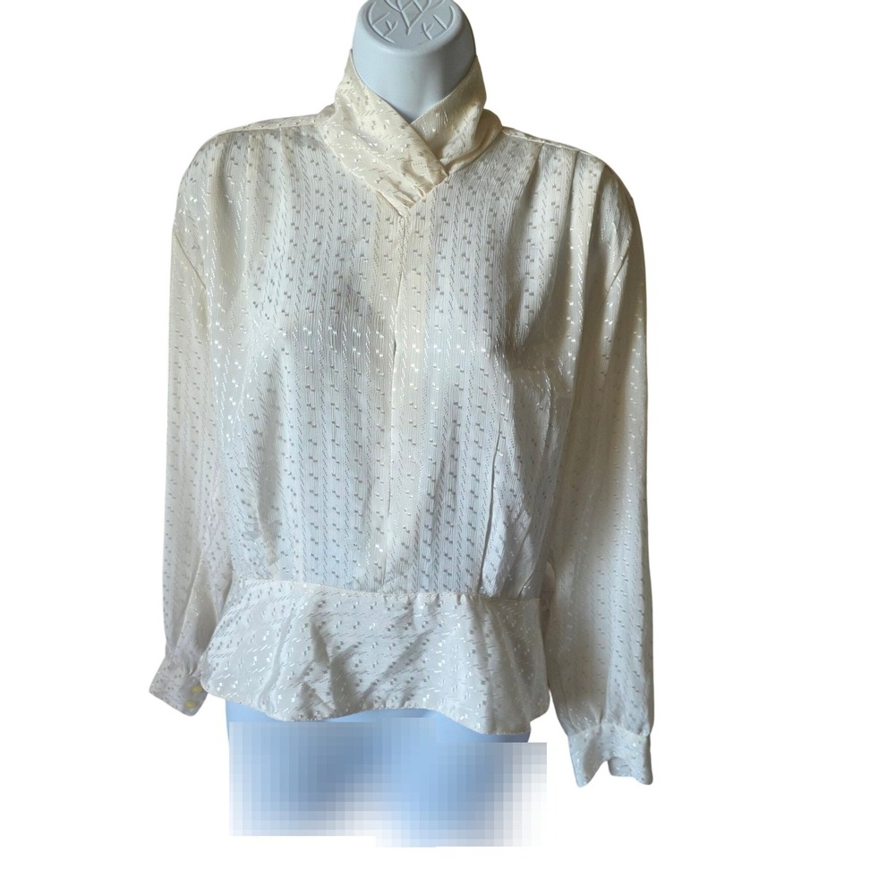 Nicola Petites Vintage 80s Cream‎ Peplum Blouse High Neck Back Button Size 10P